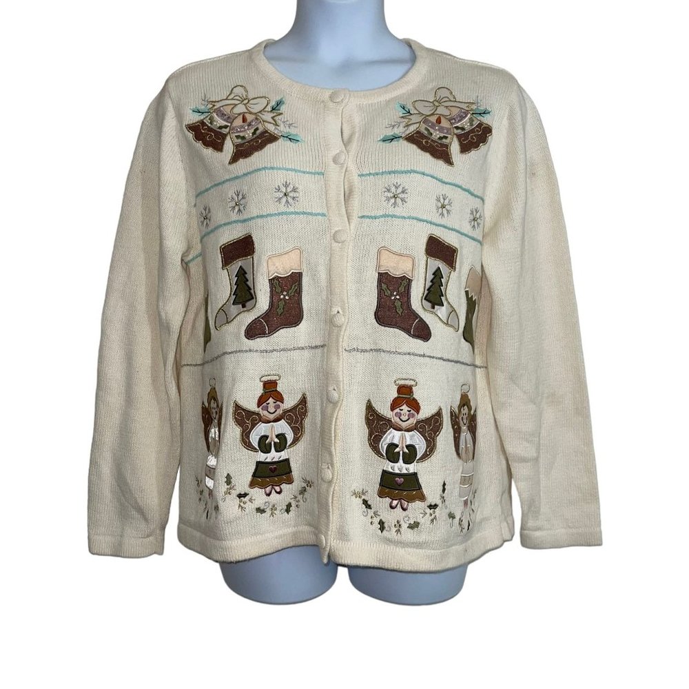 Vintage Bechamel Plus Size Cardigan Sweater Womens 2X Angels Bells Christmas